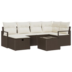 Ensemble de 7 Pièces de Canapés de Jardin avec Coussins en Poly Rami Marron