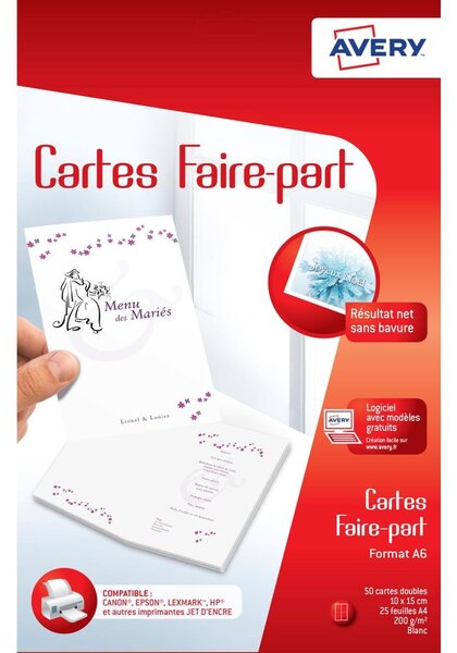 50 cartes faire-part blanches personnalisables a6 impression jet d'encre avery
