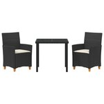 vidaXL Set de salle à manger de jardin 3 pièces avec coussins Noir poly-rattan