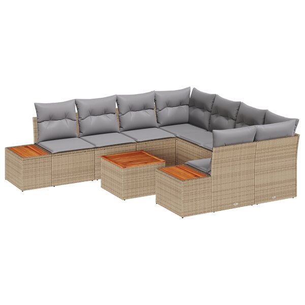Canapés de Jardin 9 Pièces avec Coussins Beige Poly Rattan Acacia
