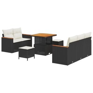 Ensemble de Canapé de Jardin 8 Pièces avec Coussins Noir Poly Rattan Acacia