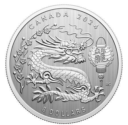 Pièce de monnaie 8 Dollars Canada Année lunaire du Dragon 2024 – Argent BU