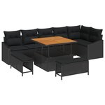 Canapé de jardin 9 pièces avec coussins en Rattan noir et Acacia