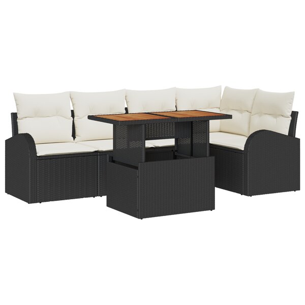 vidaXL Set de salle à manger de jardin 6 pièces avec coussins noir poly rattan acacia