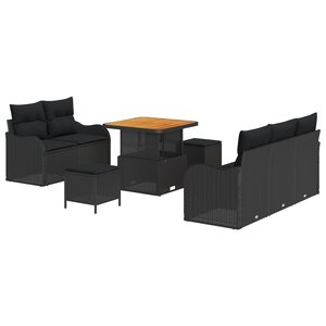 Ensemble de Canapé de Jardin 8 Pièces avec Coussins Noir Poly Rotin Acacia