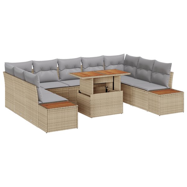 vidaXL Ensemble de salle à manger de jardin de 10 pièces avec coussins en poly rotin et acacia beige