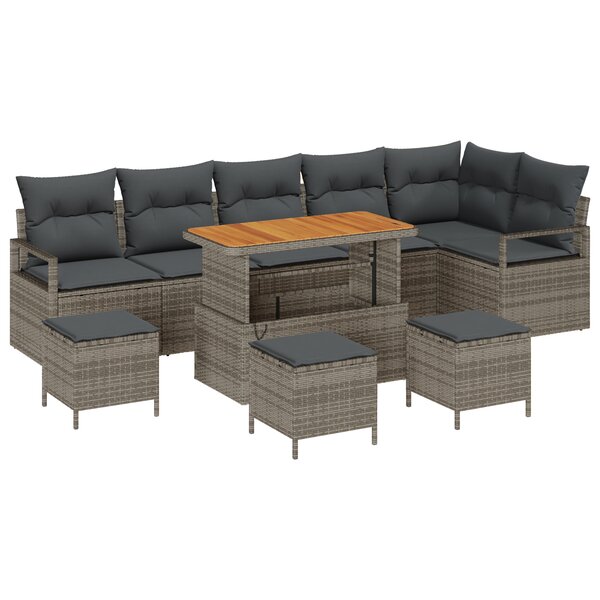 Ensemble de canapé de jardin vidaXL 10 pièces avec coussins Gris Poly Rattan Acacia