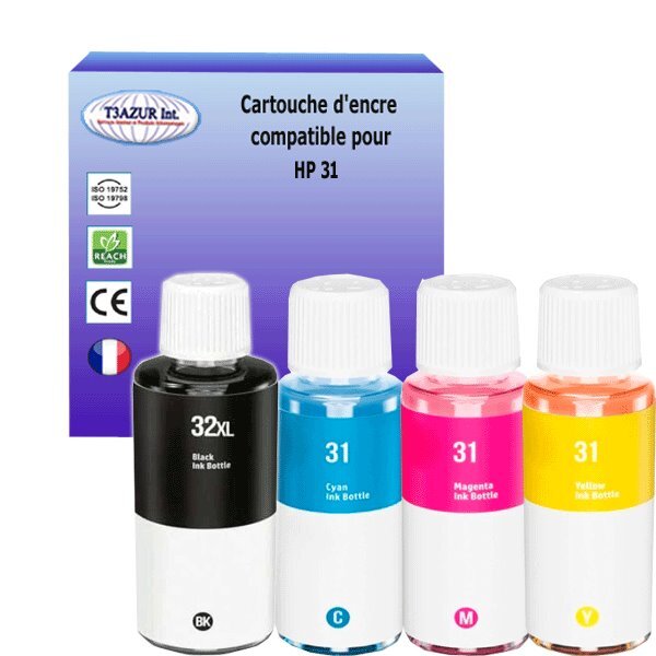 4 bouteilles encres compatibles pour HP 32XL / 31XL (Noire+Couleur) - T3AZUR