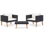 vidaXL Salon de jardin 3 Pièces avec coussins Résine tressée Noir