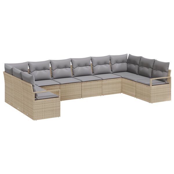 Canapé de Jardin 10 Pièces avec Coussins Beige en Rattan
