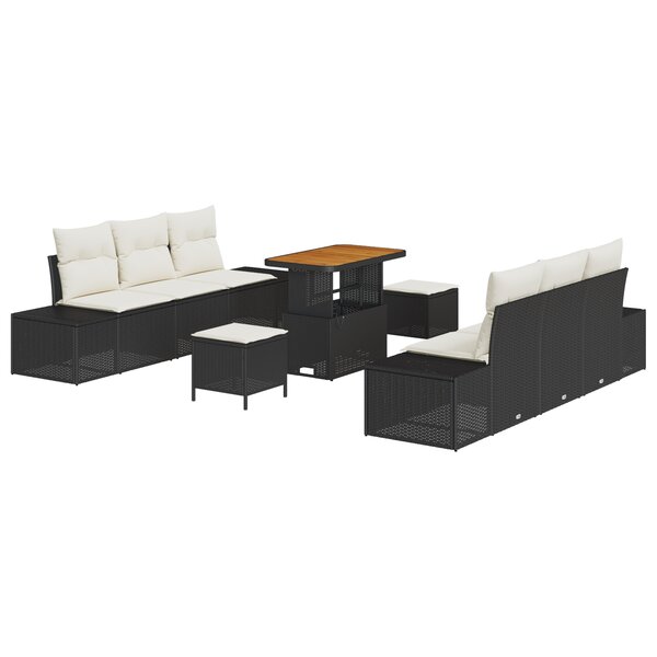 Ensemble de canapé de jardin 9 pièces avec coussins poly rattan noir acacia
