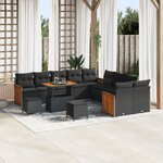 Ensemble de Canapé de Jardin 13 Pièces avec Coussins Noir Rattan Poly Acacia