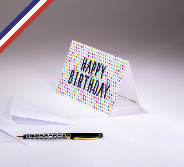 Carte double gourmandiz créée et imprimée en france sur papier certifié pefc - happy birthday - typo graphique