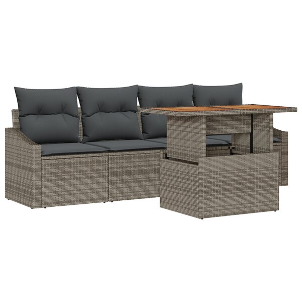 vidaXL Ensemble salle à manger jardin 5 pièces avec coussins gris poly rotin acacia