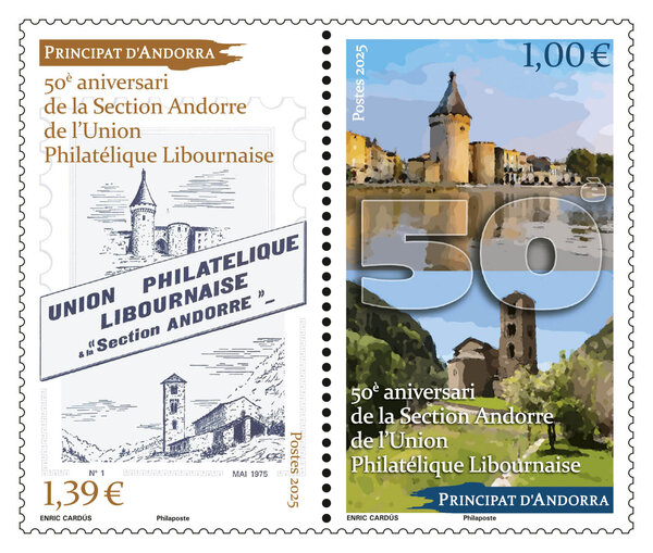 Timbre Andorre - Diptyque - 50è aniverari de la Section Andorre de l'Union Philatélique Libournaise