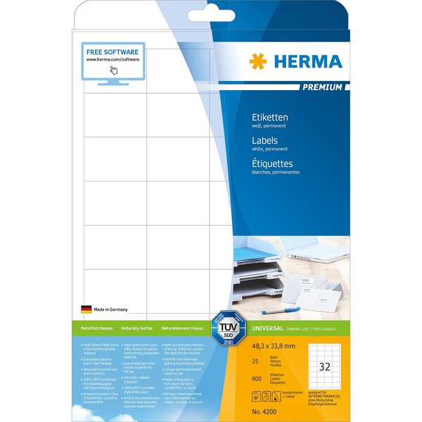 Paquet de 800 étiquettes premium, 25 feuilles a4 48,3 x 33,8 mm, blanc herma