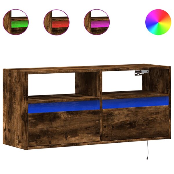 vidaXL Meuble TV mural avec lumières LED chêne fumé 100x31x45 cm