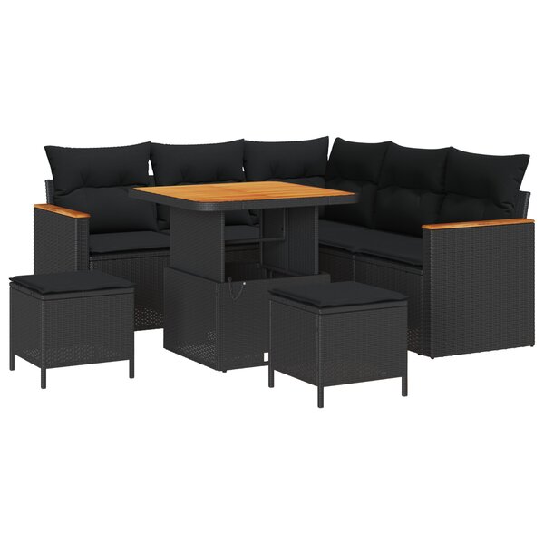 Ensemble de sofa de jardin 8 pièces avec coussins Noir Poly Rattan Acacia