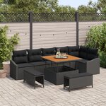 Canapé de jardin 9 pièces avec coussins en Rattan noir et Acacia