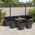 Ensemble de Canapé de Jardin 10 Pièces avec Coussins Noir Rattan Poly Acacia