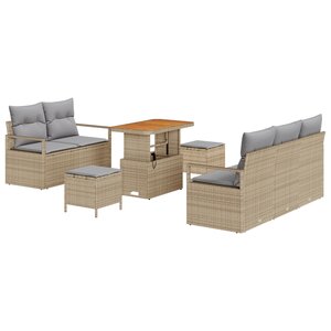 Ensemble de 8 Pièces de Canapé de Jardin avec Coussins en Rotin Poly Beige Acacia