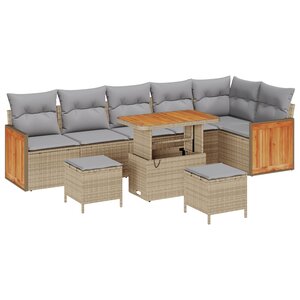 Ensemble de Canapés de Jardin 9 Pièces avec Coussins Beige Rattan Poly Acacia