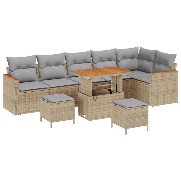 Ensemble de canapé de jardin 9 pièces avec coussins crème en poly rotin acacia