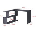 Bureau gigogne design avec partie étagère bureau de coin extension panneau de particules mélaminé 77 x 120 x 50 cm gris foncé 03_0004708