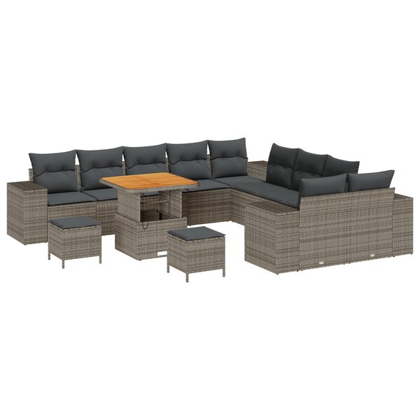 Ensemble de Canapé de Jardin de 13 pièces avec Coussins Gris Poly Rattan Acacia