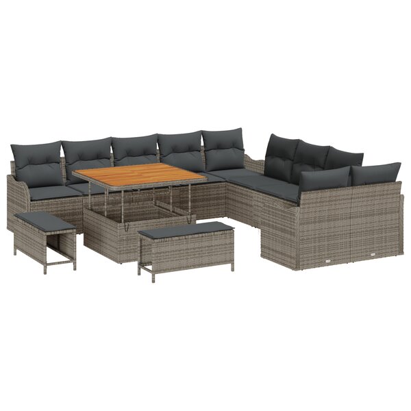 Ensemble de canapé de jardin vidaXL 13 pièces avec coussins Gris Poly Rattan Acacia