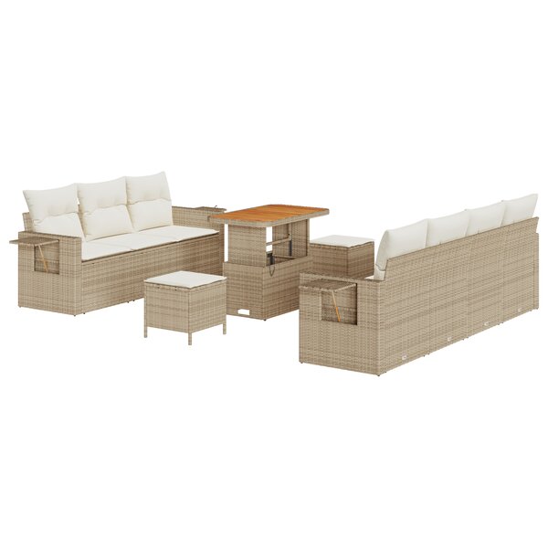 Ensemble de Canapé de Jardin de 10 Pièces avec Coussins Beige Poly Rattan Acacia