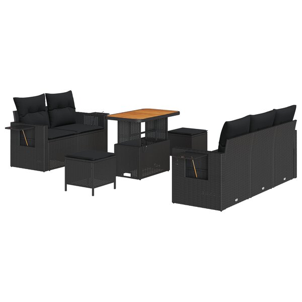 Set de canapé de jardin 8 pièces avec coussins noir rotin poly acacia