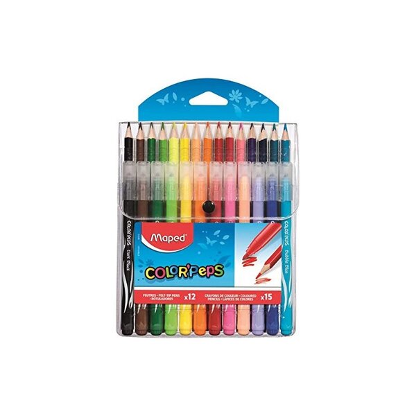 MAPED Pochette de 12 feutres LONG LIFE + 15 crayons de couleur COLOR PEPS