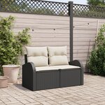 Canapé de jardin 2 places avec coussins noir en poly rattan