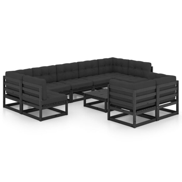 Salon de jardin meuble d'extérieur ensemble de mobilier 10 pièces avec coussins noir bois de pin massif 02_0015111