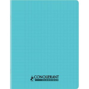 Cahier piqûre 32 pages  double ligne 3 mm 90 g  couverture polypropylène bleu CONQUERANT