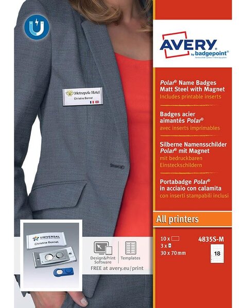 4835S-M - 10 badges Polar® métal avec aimant – 30 x 65 mm AVERY
