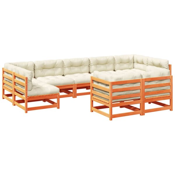vidaXL Salon de jardin 9 Pièces avec coussins marron cire bois pin massif