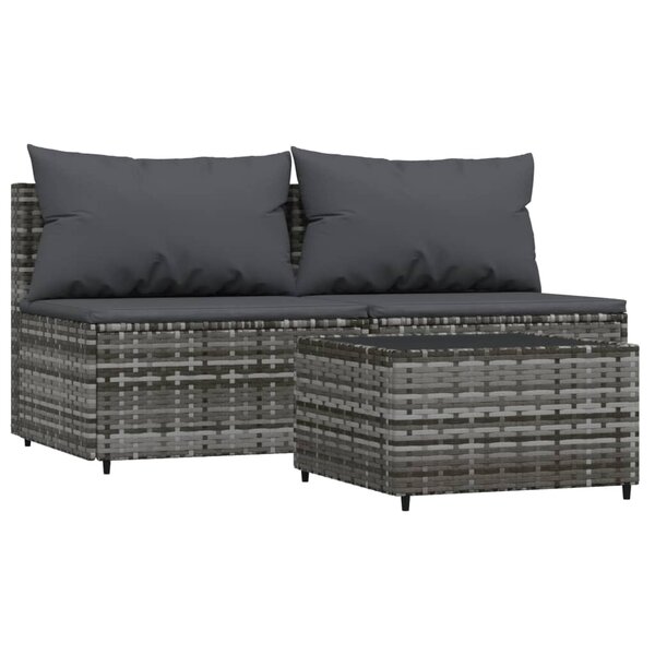 vidaXL Salon de jardin 3 Pièces avec coussins Gris Résine tressée
