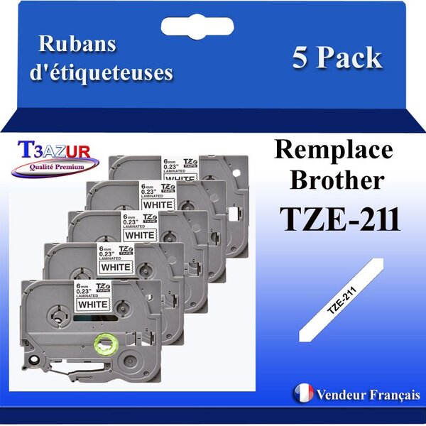 5x  Rubans d'étiqueteuses compatibles avec Brother Tze211  Tze-211 pour étiqueteuses P-touch - Texte noir sur fond blanc - Largeur 6 mm x 8 mètres - T3AZUR