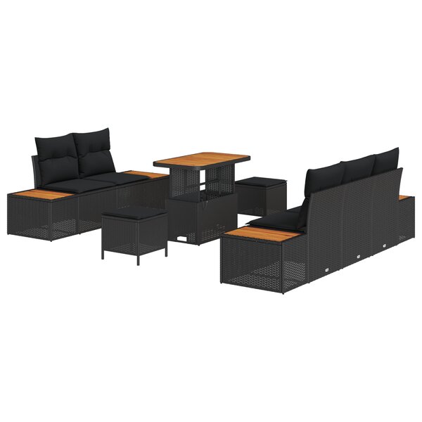 Ensemble de 8 Pièces de Canapés de Jardin avec Coussins en Poly Rattan Noir Acacia