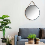 Miroir noir rond en acier avec sangle en cuir synthétique Ø 38 cm