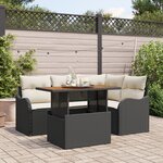 Canapé de jardin 5 pièces avec coussins noir en poly rotin et acacia