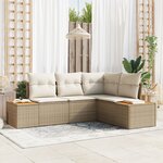 Ensemble de Canapé de Jardin de 4 Pièces avec Coussins Beige Poly Rattan Acacia