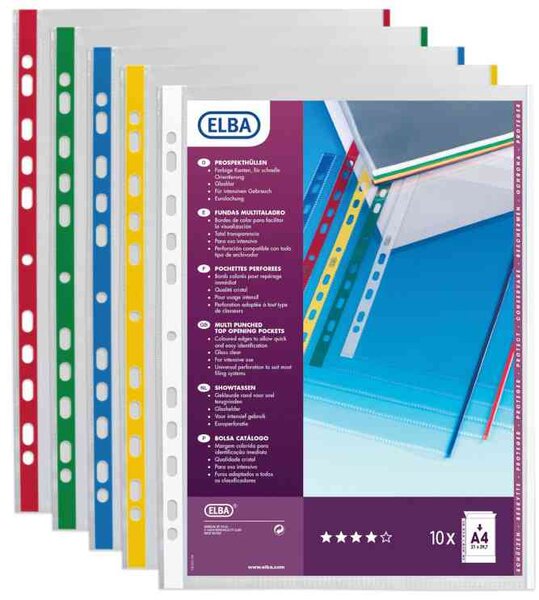 Sachet de 10 Pochettes perforées A4 avec bord couleur PP 0,09 mm Assorties ELBA