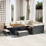 Canapé de jardin de 12 pièces avec coussins en poly rattan noir et acacia