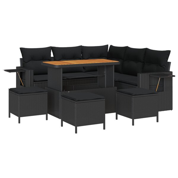 Ensemble de Canapé de Jardin 9 Pièces avec Coussins - Poly Rotin Noir Acacia