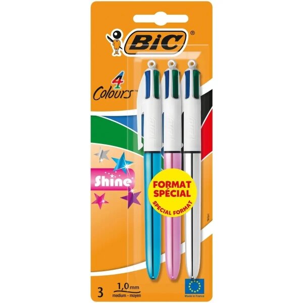 Bic 4 Couleurs Shine Lot de 3 Stylos Bille Rétractables - Pointe 1 mm - Trait 0 4 mm - Encre à l'huile - Corps Or/Blanc - 4 Couleurs