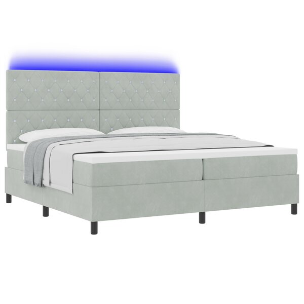 Lit avec sommier à ressorts et matelas LED gris clair 200x200 cm en velours