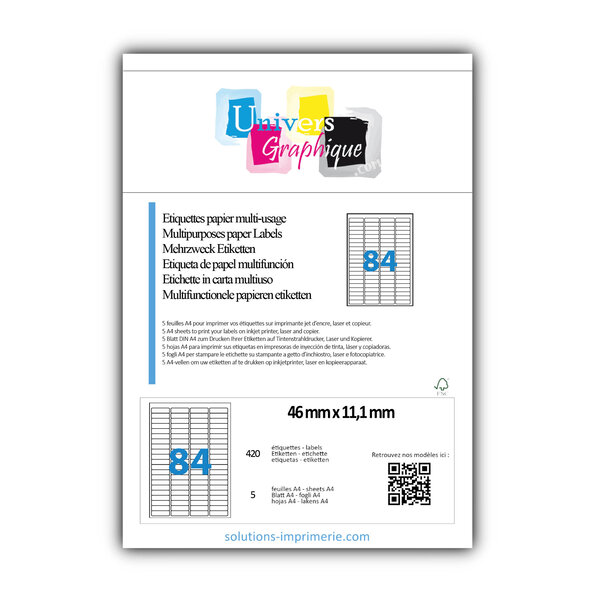 Lot de 5 planches a4 de 84 étiquettes à bords ronds 46 x 11 1 mm en papier blanc 70g/m² multifonction